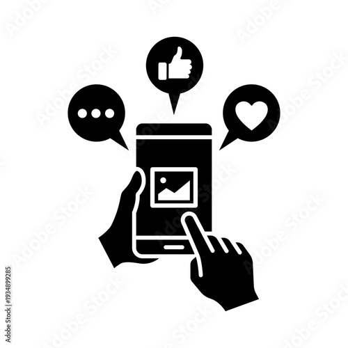 Hand holding mobile phone black line click button likes, comments and loves icon photo and video. Hands hold smartphone icons, label, logo, badge, symbol, sticker, flat vector, isolated illustration.