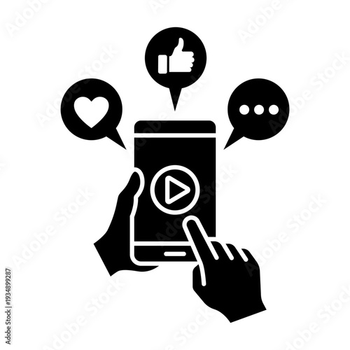 Hand holding mobile phone black line click button likes, comments and loves icon photo and video. Hands hold smartphone icons, label, logo, badge, symbol, sticker, flat vector, isolated illustration.