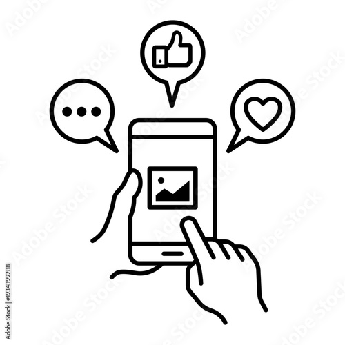 Hand holding mobile phone black line click button likes, comments and loves icon photo and video. Hands hold smartphone icons, label, logo, badge, symbol, sticker, flat vector, isolated illustration.