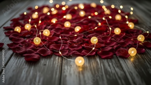Close up of red rose petals and string lights on a wooden surface