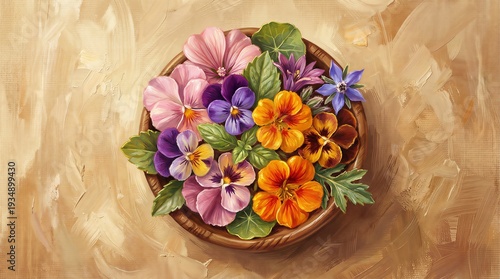 Edible Flower Garnishes in a Small Wooden Bowl Digital Painting