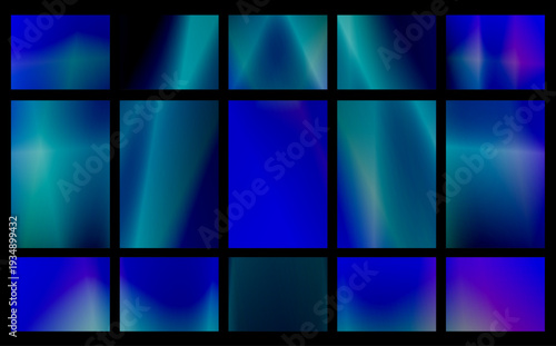 Serene grid of blue and teal gradients flows softly across panels, evoking calm and clarity, ideal for corporate branding, wellness themes, or clean digital interfaces.