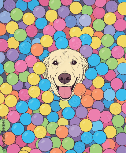 A golden retriever is surrounded by colorful plastic balls in a play area. The dog's head shows a happy expression amid the bright colors.