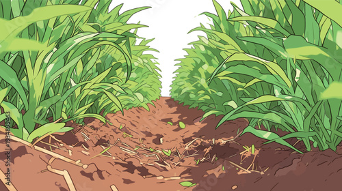 Green crops grow tall in neat rows in a field with soil between them under a clear sky during daytime