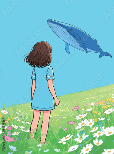 A girl stands in a flower-filled field while a blue whale swims above her on a bright sunny day. She observes the whale with wonder.