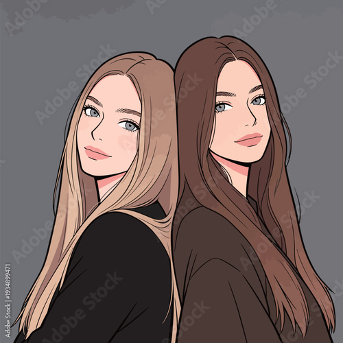 Two friends are close together, posing with different hair colors and styles against a plain backdrop. They are smiling and appear happy.