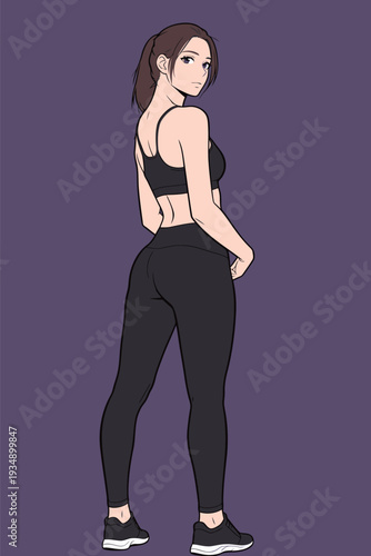 A woman is posed with one hand on her hip. She wears workout clothes and is focused on her stance, showing confidence.