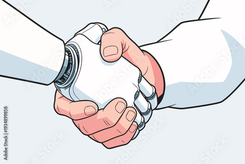 A human hand shakes a robotic hand. This scene shows a meeting between humans and technology in a simple setting.