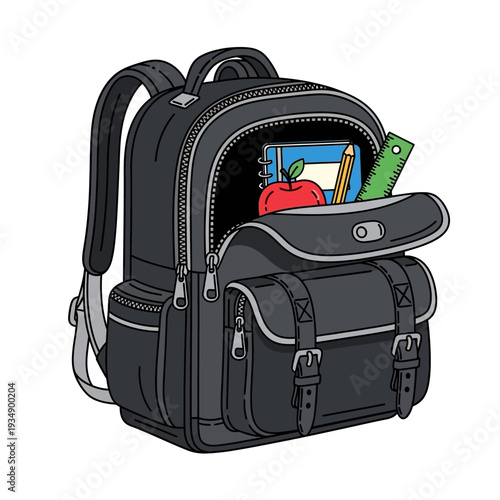 Black school backpack with open compartments revealing school supplies like a notebook, pencil, apple, and ruler, ready for education.