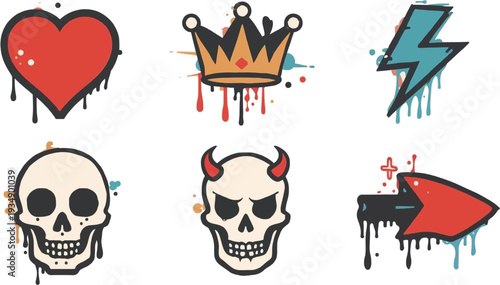 Six graffiti-style vector icons featuring a heart, crown, lightning bolt, and two skulls with paint drip effects.