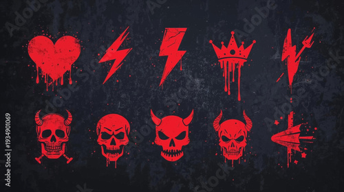 Red grunge style icons set with hearts, lightning bolts, crowns, and devil skulls on a dark background.