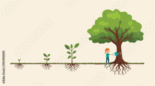 Illustration depicting the growth stages of a tree from a small sprout to a large mature plant, with a child watering the fully grown tree.