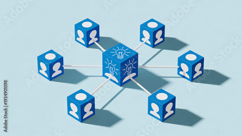 A network of blue cubes with lightbulb and user icons connected by lines, representing collaboration and idea sharing.