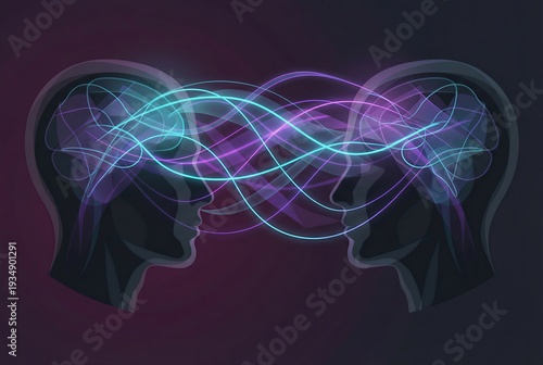 Abstract Neural Pathways Connecting Two Human Head Silhouettes in Cyan and Plum