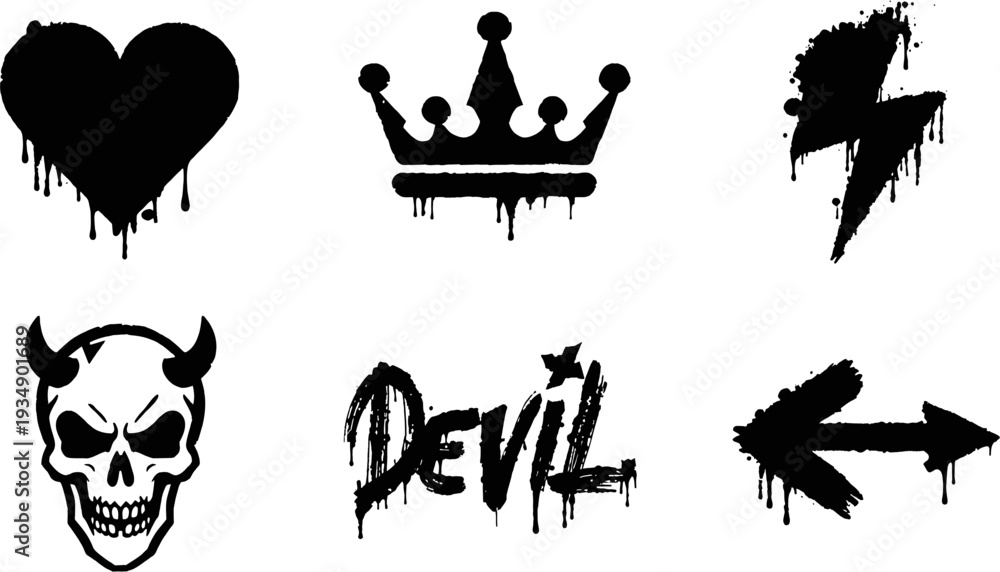 Fototapeta premium A collection of grunge style black silhouettes with dripping paint effect, including a heart, crown, lightning bolt, horned skull, 'DEVIL' text, and an arrow.
