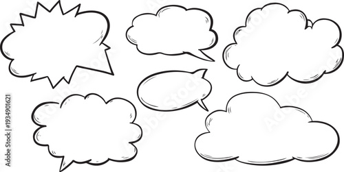 Six hand drawn comic style speech bubbles and thought bubbles