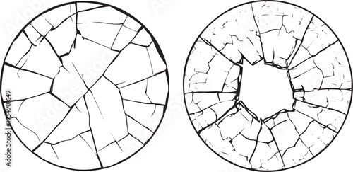 Two cracked circular outlines with black lines on white