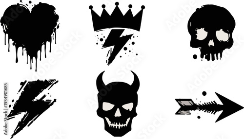 Collection of six black grunge-style vector icons including a dripping heart, crown with lightning, skulls, and a broken arrow, on a white background.