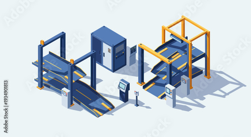 Isometric Car Wash System with Automated Cleaning and Drying Stations.
