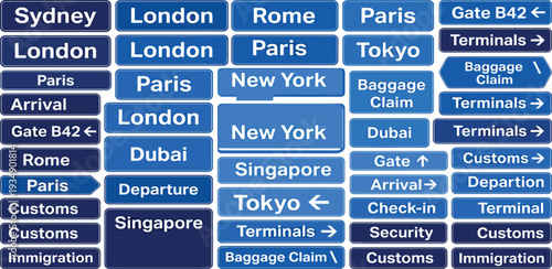 Airport Information Display A Variety of Destinations, Terminals, and Services Including Baggage Claims and Immigration Information