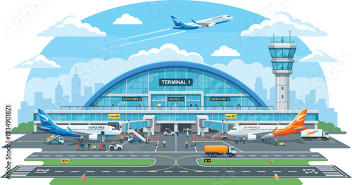 Busy airport terminal with airplanes, control tower, and cityscape in the background illustration