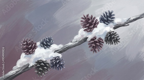 Pinecones Nestled in Fresh White Snow on Winter Branch