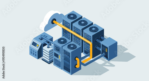 Isometric Cloud Computing and Data Center Infrastructure Illustration.