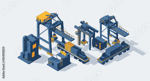 Isometric Container Terminal with Cranes and Trucks.