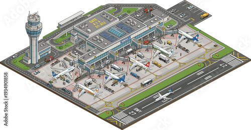 Isometric view of a bustling international airport, showcasing modern terminal buildings, a control tower, parked airplanes, and ground services, symbolizing global travel and connectivity