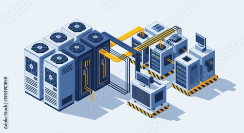 Isometric Data Center Infrastructure with Server Racks and Cooling Systems.