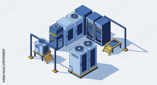 Isometric Data Center Infrastructure with Server Racks and Cooling Units.