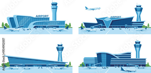 Modern vector illustrations diverse airport terminals, control towers, and parked aircraft, representing global air travel, transportation, and aviation infrastructure