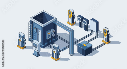 Isometric Futuristic Gas Station With Charging Stations.