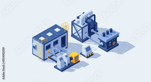 Isometric factory production line with machinery and buildings.