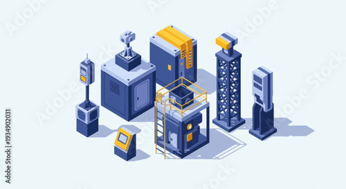 Isometric futuristic industrial technology structures and equipment collection.