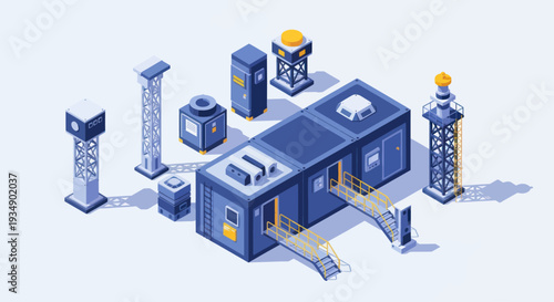 Isometric futuristic modular building complex with towers and structures.