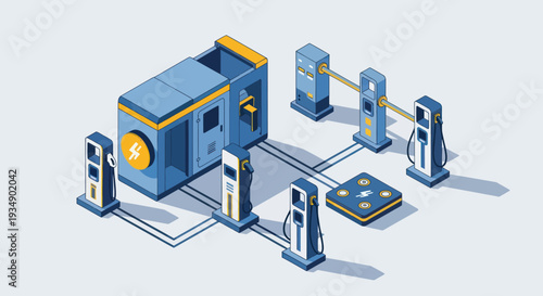 Isometric Gas Station and Electric Vehicle Charging Network.