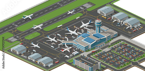 Isometric airport terminal with airplanes, control tower, hangars, and parking lot, ideal for aviation or travel-themed designs