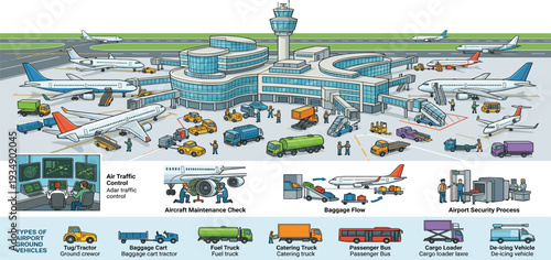 Conceptual illustration of a busy airport's operations aircraft handling, ground support, air traffic control, security, and passenger services for global travel