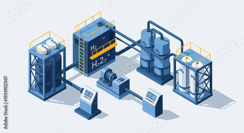 Isometric Hydrogen Production and Storage System Illustration.
