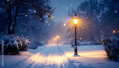 Snow-covered path lit by streetlights. Trees and bushes are laden with snow, and flakes fall softly
