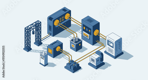 Isometric illustration of a complex industrial or data processing system.