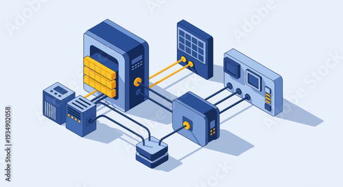 Isometric illustration of a complex computer network system with servers and devices.