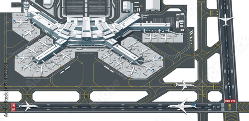 Aerial view of an airport layout with planes on the runway and tarmac