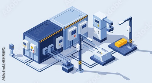 Isometric illustration of a data center with servers and network infrastructure.