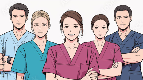 Five healthcare workers in scrubs are standing together, smiling and showing support for each other in a clinical environment.