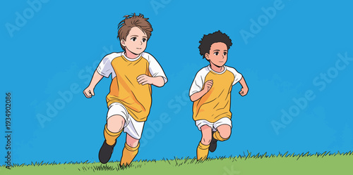 Two boys in yellow soccer uniforms run across a green field under a blue sky in the afternoon sun.