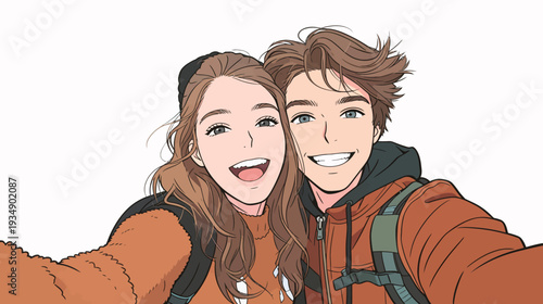 Two young people smile happily while taking a selfie together. Their expressions show joy and excitement in the moment.