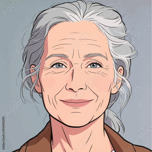 An elderly woman with gray hair is smiling and looking directly at the viewer in a simple setting. She appears happy and content.