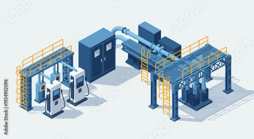 Isometric illustration of a hydrogen production and refueling station.